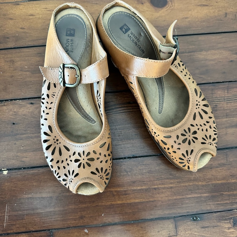 Tan Cutout Slip-On Wedges